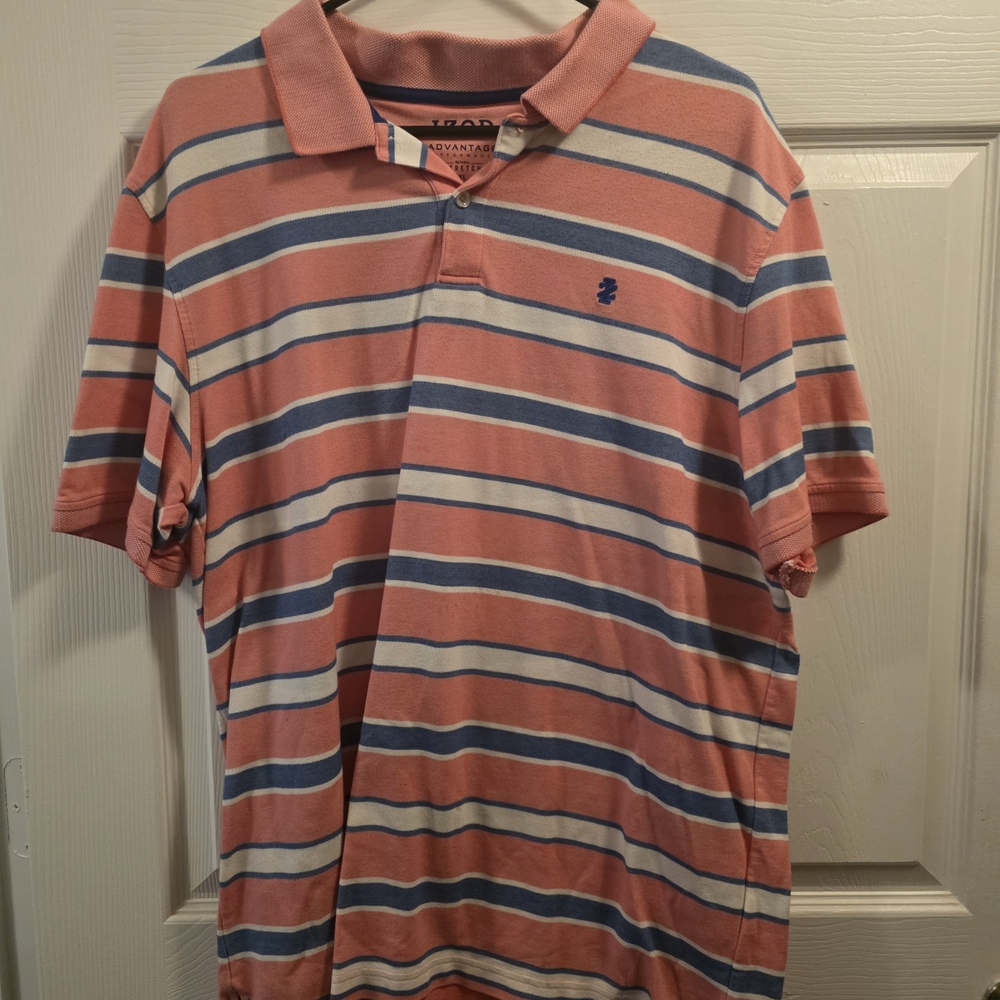Men's Striped Polo Shirt - Peach and Blue